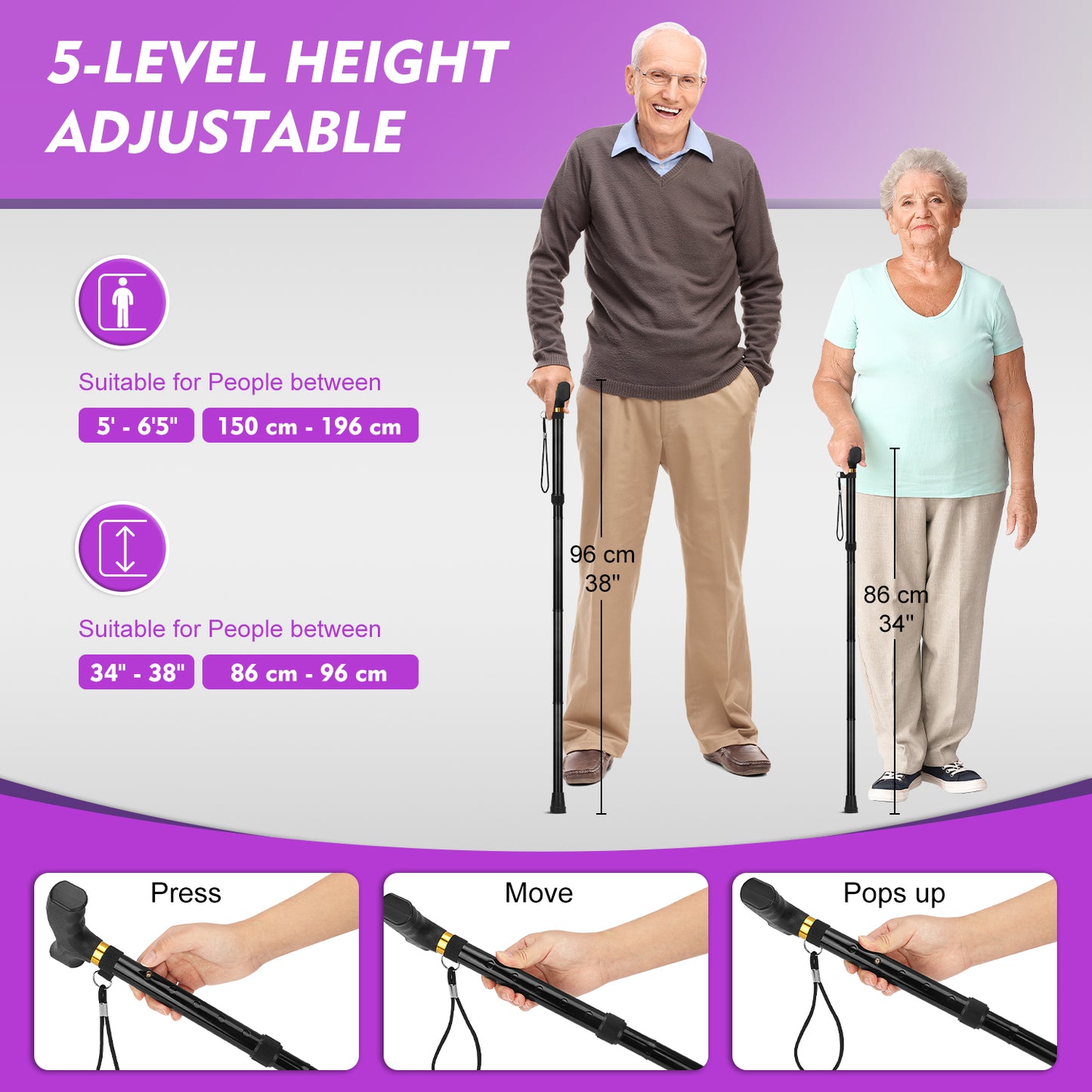 Foldable Walking Cane, Collapsible with Self-Standing Tip