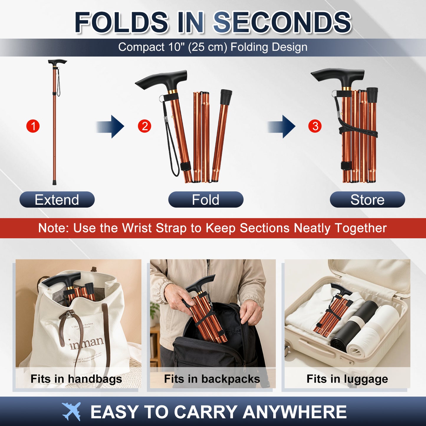 Folding Cane Adjustable Walking Stick Lightweight Travel Cane with T Handle