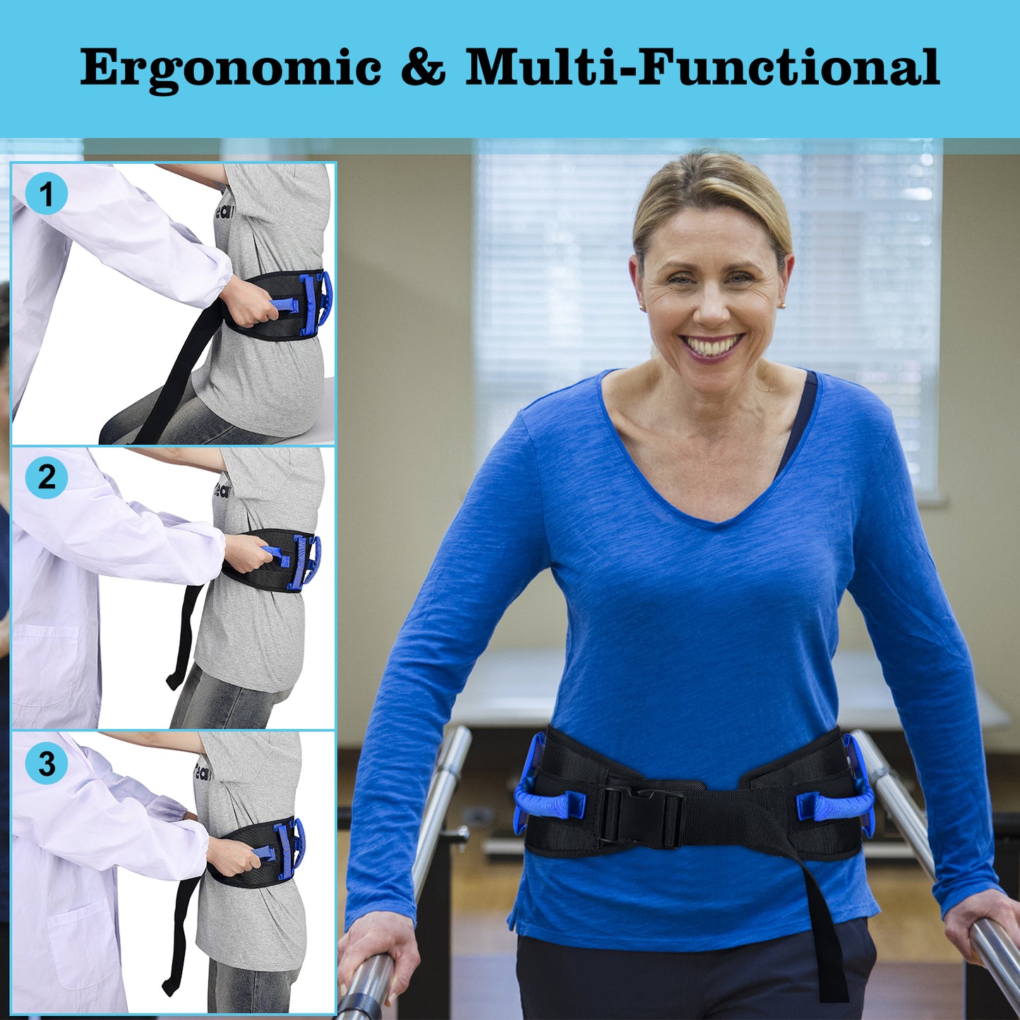 Gait Belt Transfer Aid, 7 Handles, Quick-Release Buckle