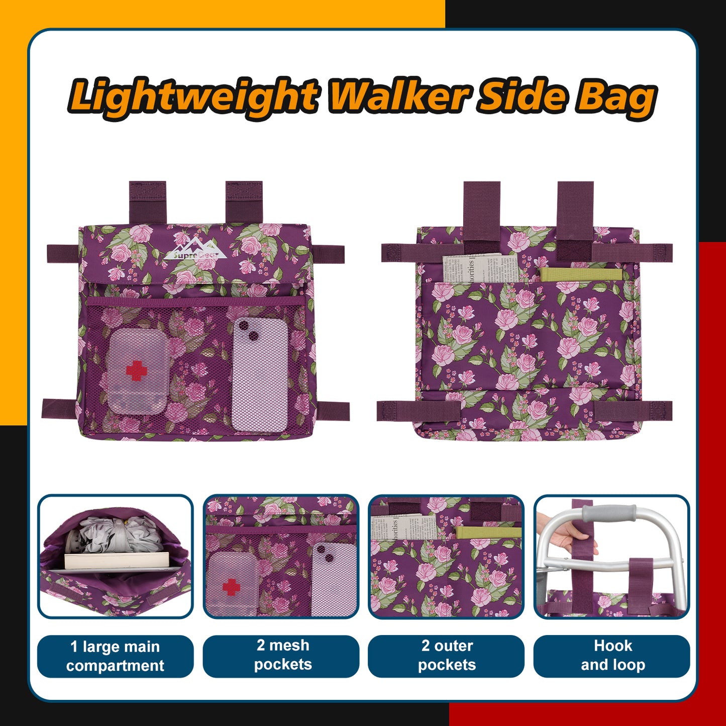 Water-Resistant Walker Side Bag, Basket Pouch