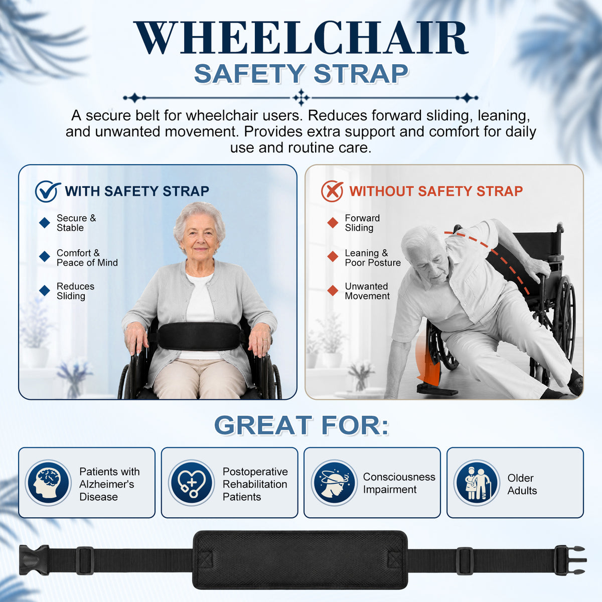 Wheelchair Positioning Belt ¨C Adjustable Breathable Mesh Support Strap for Wheelchairs, Transport Chairs & Mobility Scooters