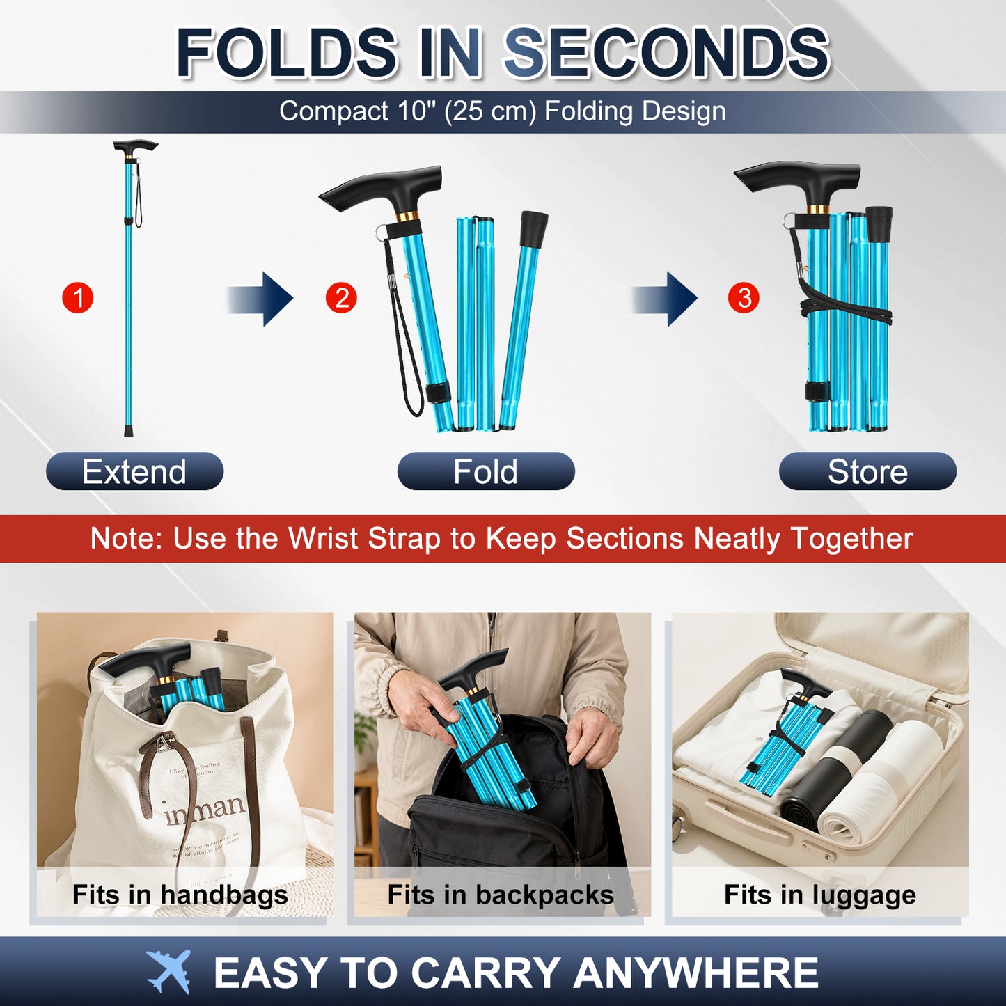 Folding Cane Adjustable Walking Stick Lightweight Travel Cane with T Handle