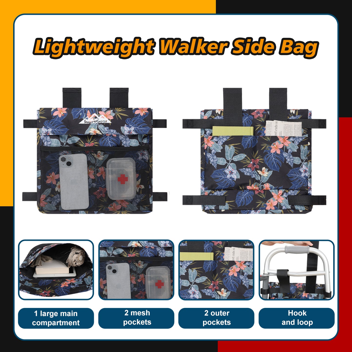 Water-Resistant Walker Side Bag, Basket Pouch