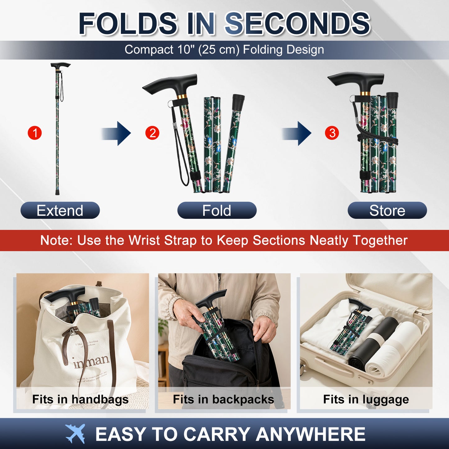 Folding Cane Adjustable Walking Stick Lightweight Travel Cane with T Handle