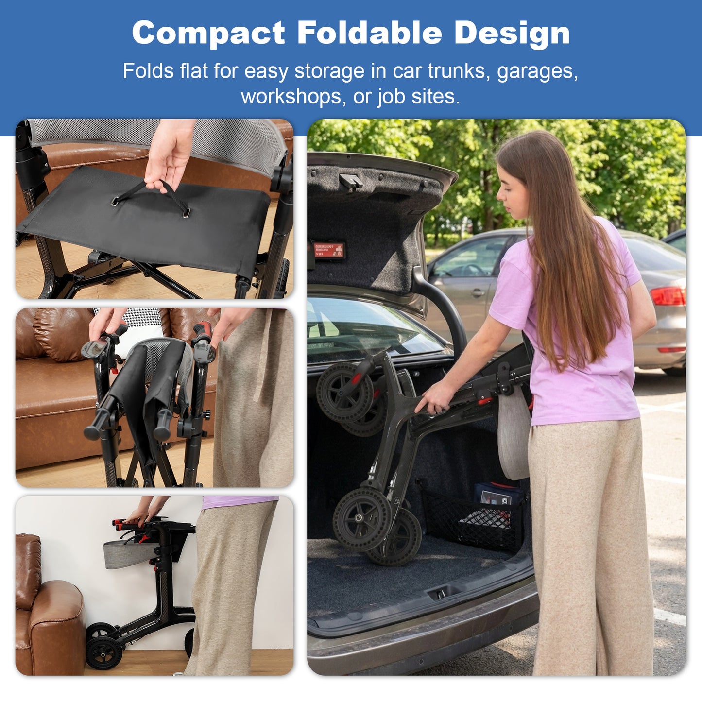 Carbon Fiber Foldable Rollator Walker, Ultra-Light Strong Mobility Cart for Seniors with Easy-Lift Design for Home, Travel & Daily Use