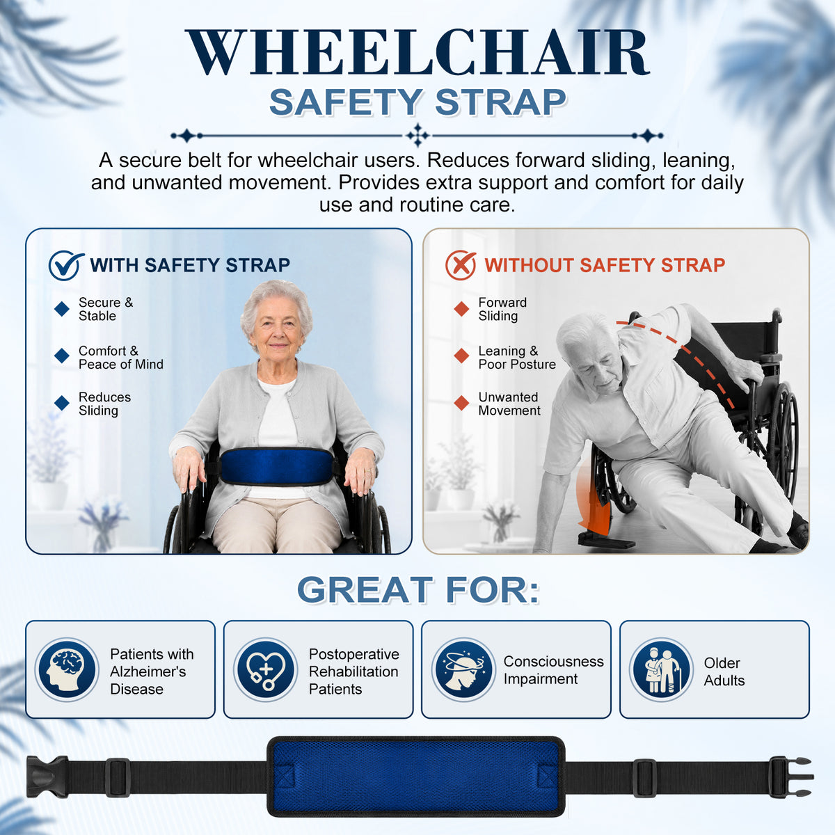 Wheelchair Positioning Belt ¨C Adjustable Breathable Mesh Support Strap for Wheelchairs, Transport Chairs & Mobility Scooters