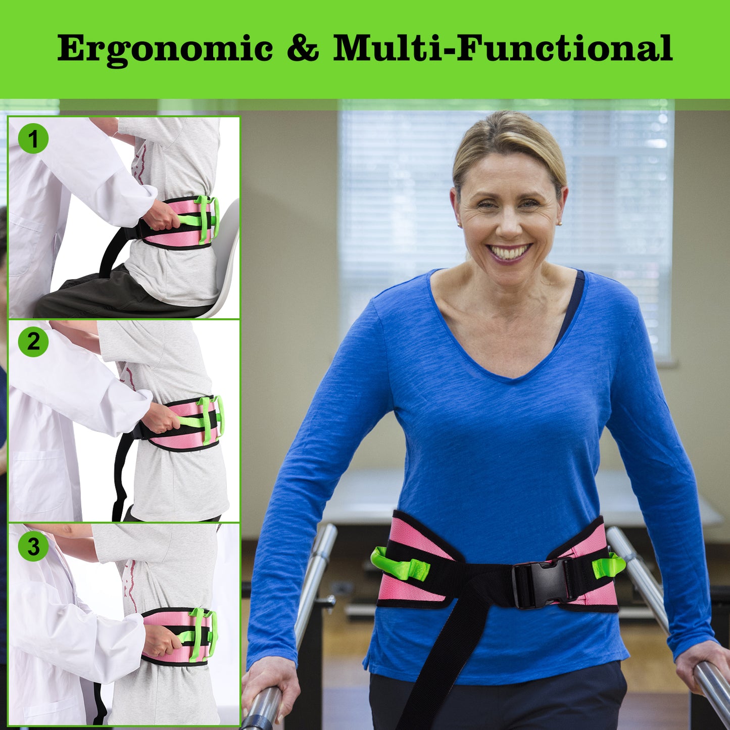Gait Belt Transfer Aid, 7 Handles, Quick-Release Buckle