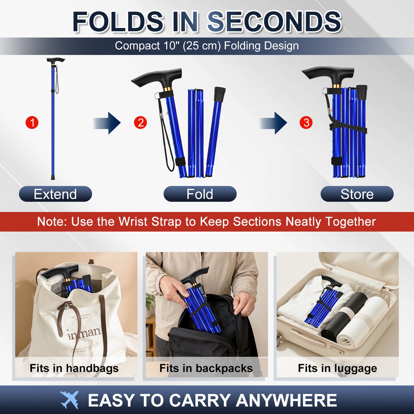 Folding Cane Adjustable Walking Stick Lightweight Travel Cane with T Handle