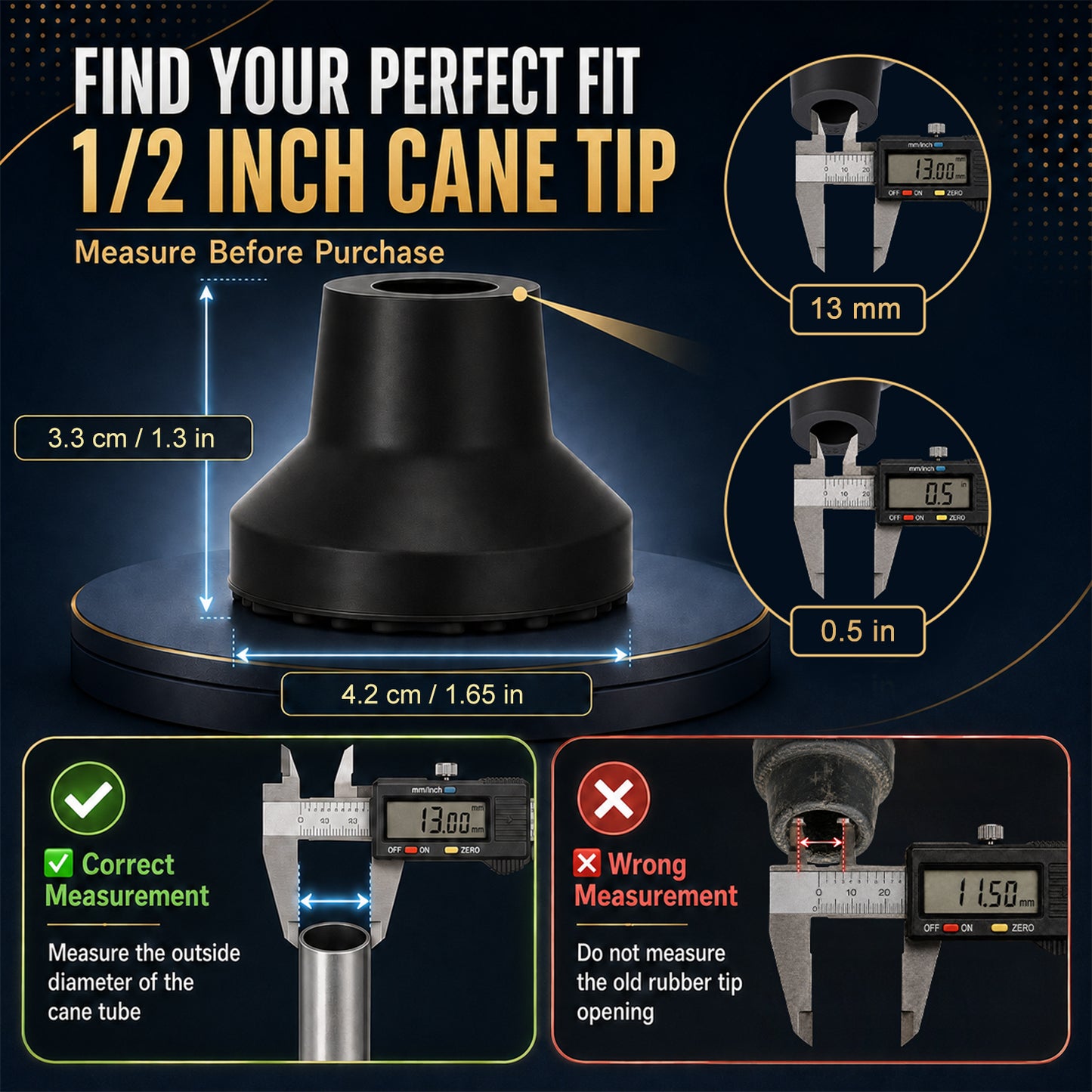 Heavy Duty Quad Cane Tips – Wider Anti-Slip Textured Rubber Feet for Enhanced Stability & Traction, Replacement Set 4PK/8PK