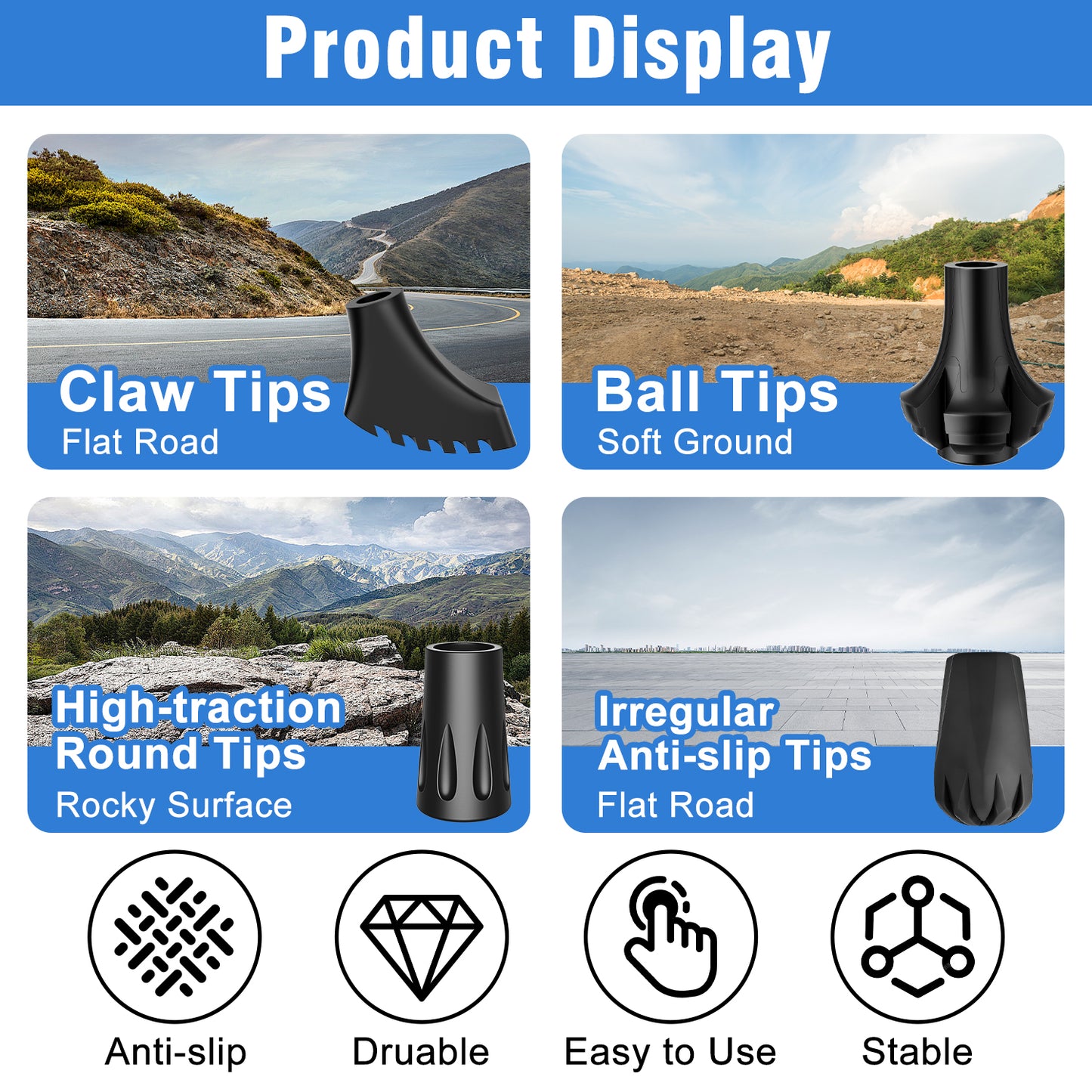 10-Pack Replacement Rubber Tips for Trekking & Hiking Poles