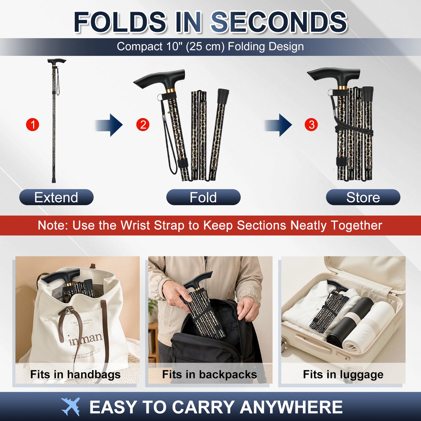 Folding Cane Adjustable Walking Stick Lightweight Travel Cane with T Handle