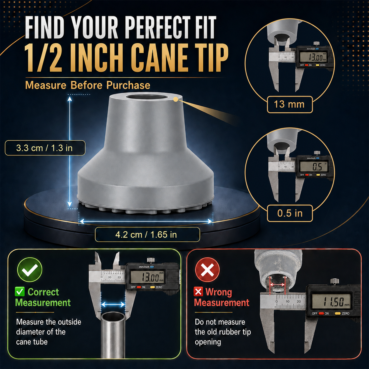 Heavy Duty Quad Cane Tips – Wider Anti-Slip Textured Rubber Feet for Enhanced Stability & Traction, Replacement Set 4PK/8PK