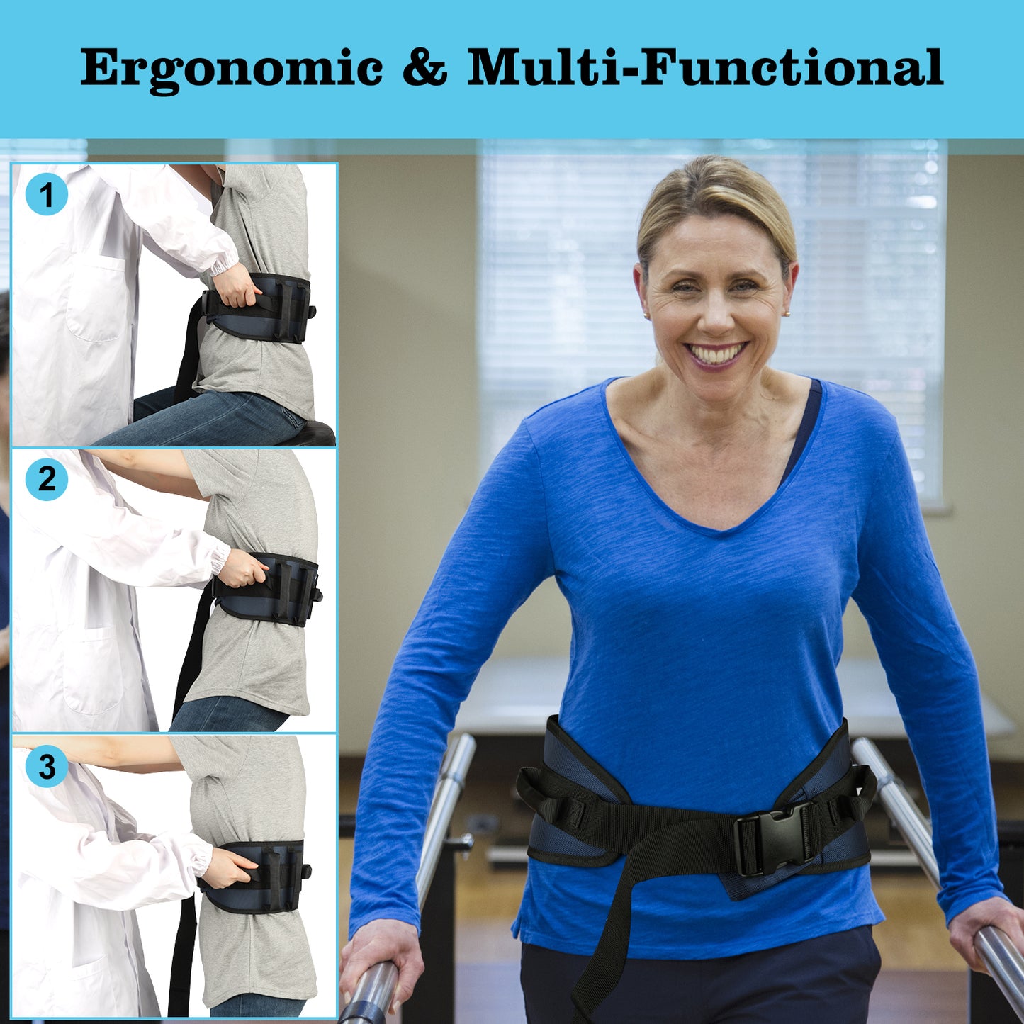 Gait Belt Transfer Aid, 7 Handles, Quick-Release Buckle