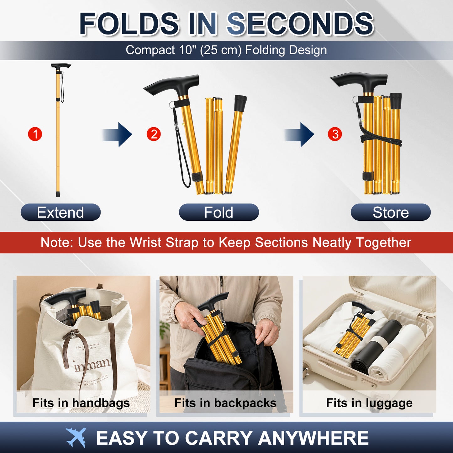 Folding Cane Adjustable Walking Stick Lightweight Travel Cane with T Handle