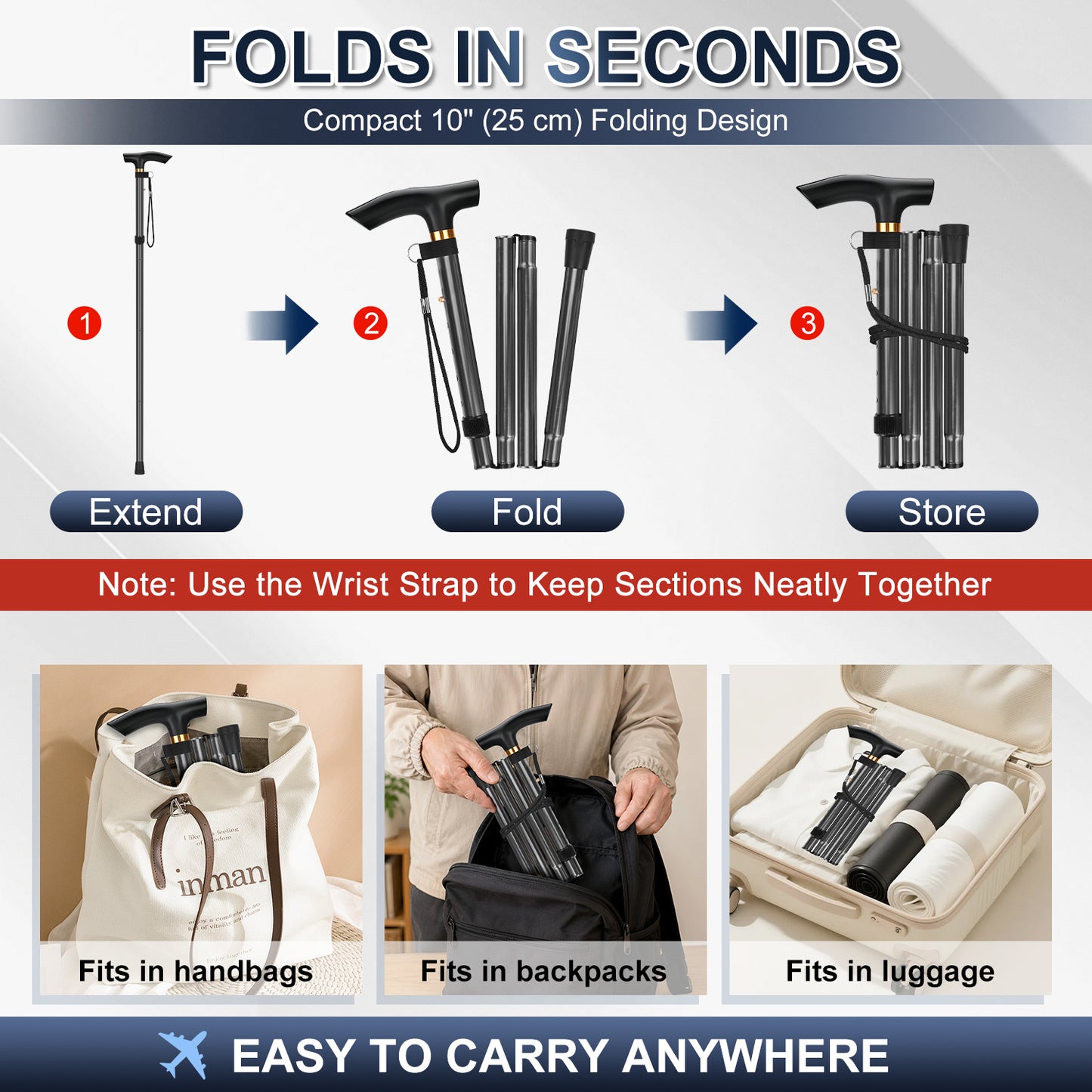 Folding Cane Adjustable Walking Stick Lightweight Travel Cane with T Handle
