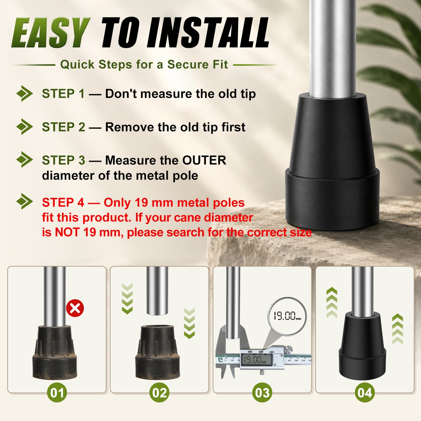 Non-Slip Rubber Cane Tip Replacement, Heavy Duty Walking Cane Foot with Metal Insert for Stability and Support