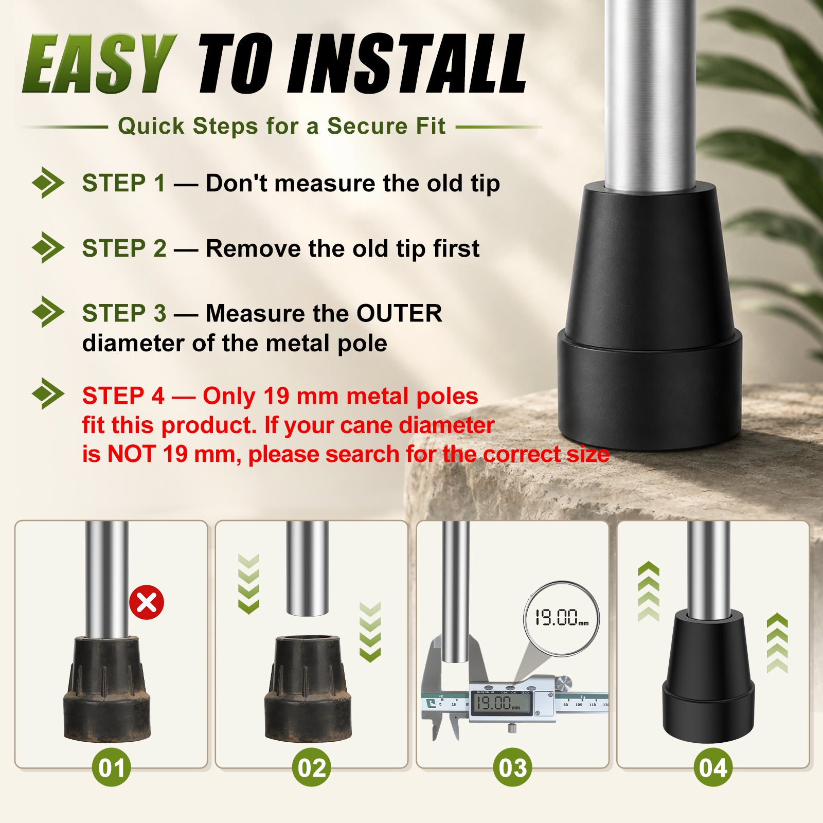 Non-Slip Rubber Cane Tip Replacement, Heavy Duty Walking Cane Foot with Metal Insert for Stability and Support
