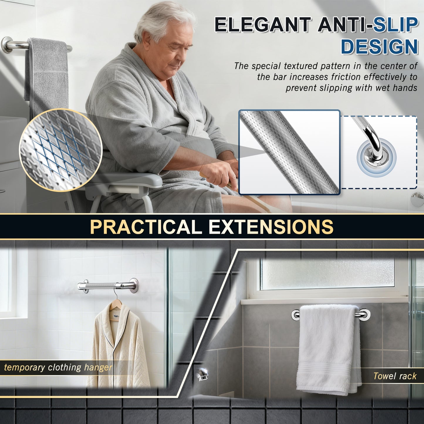 Non-Slip Bathroom Grab Bar Rail