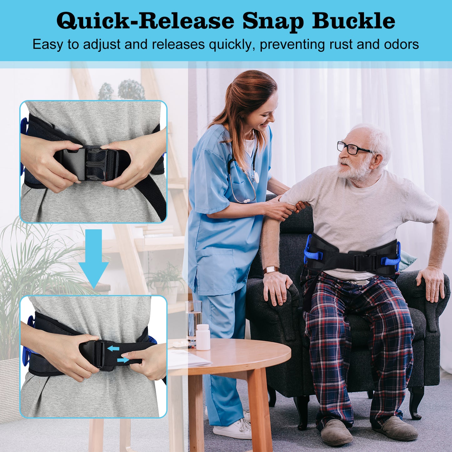 Gait Belt Transfer Aid, 7 Handles, Quick-Release Buckle