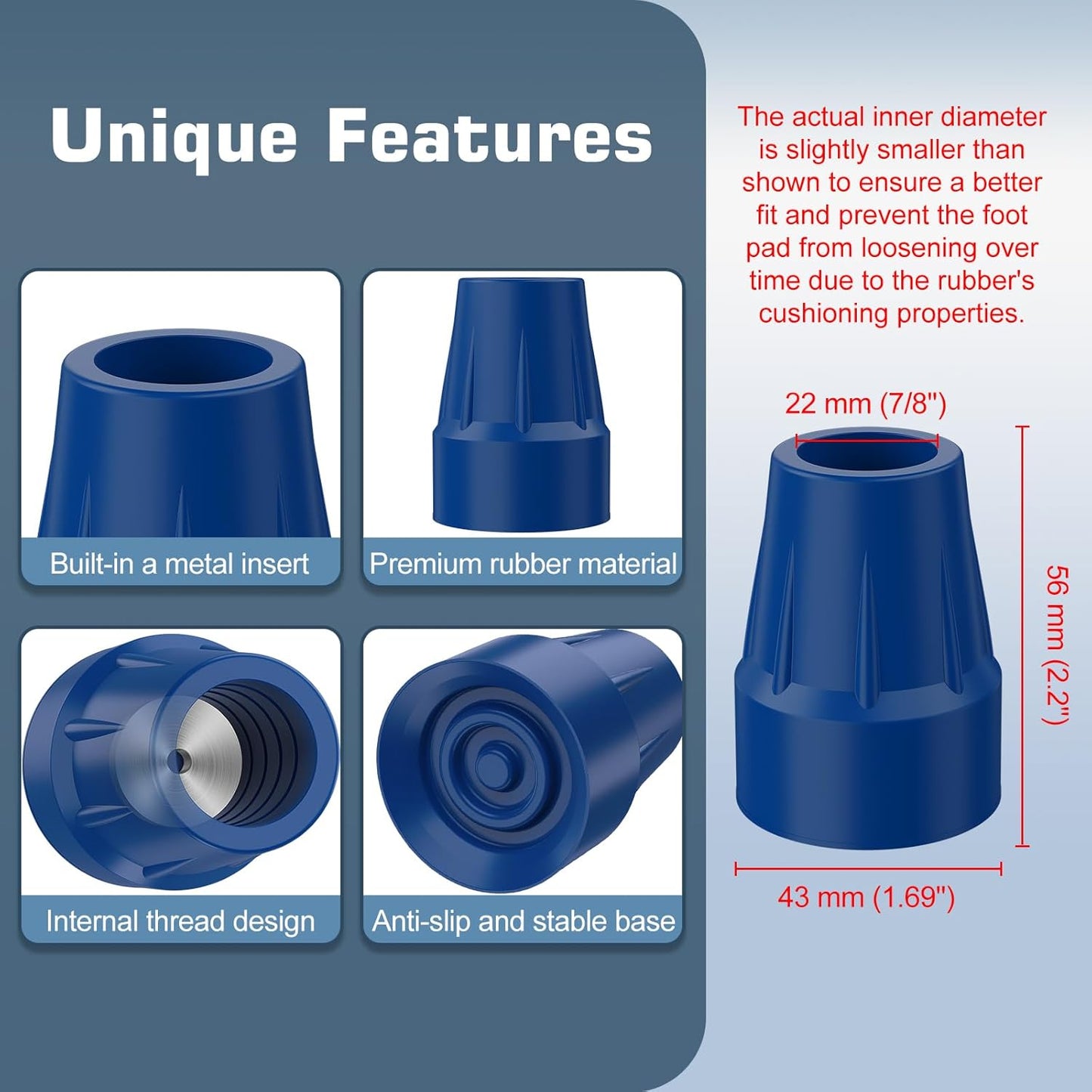 Heavy Duty 7/8" Non-Slip Cane Tips, 4-Pack