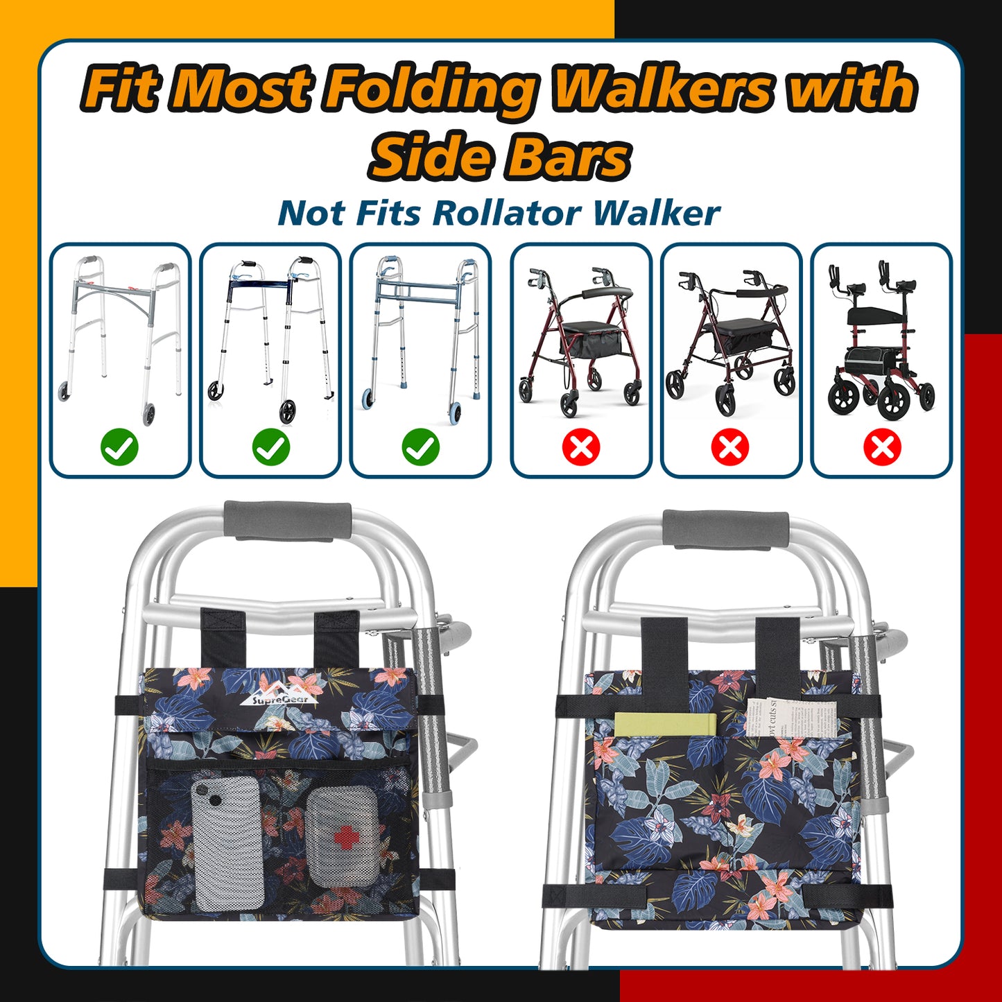 Water-Resistant Walker Side Bag, Basket Pouch