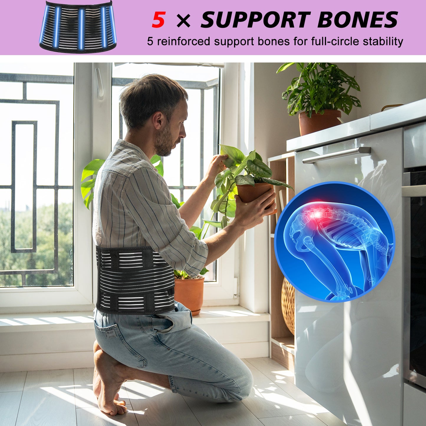 Lower Back Brace, Adjustable Lumbar Support Belt w/Splints