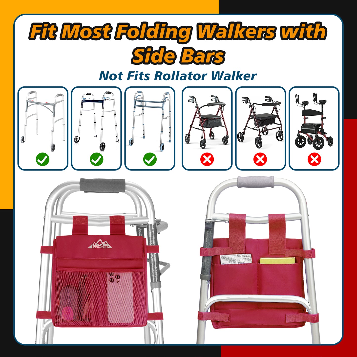 Water-Resistant Walker Side Bag, Basket Pouch