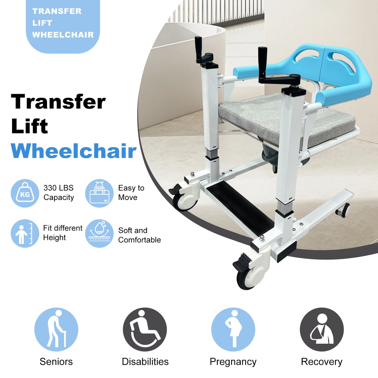 Transfer Lift Wheelchair with Commode, 14.96"-22.83" Adjustable Height, Supports 330 lbs