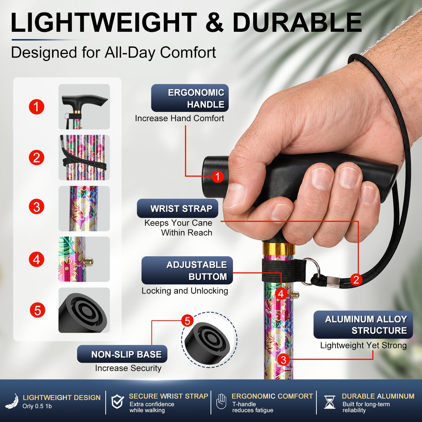 Folding Cane Adjustable Walking Stick Lightweight Travel Cane with T Handle