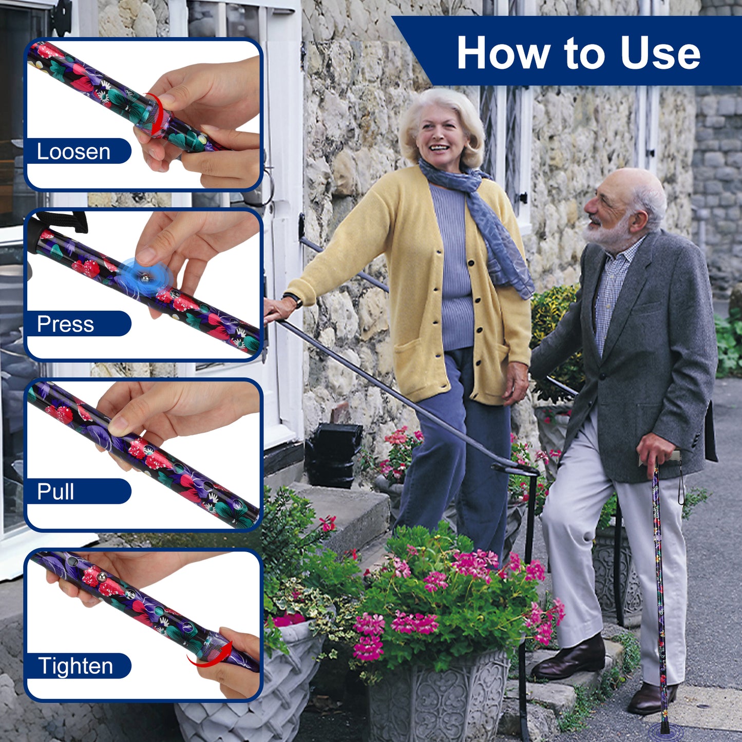 Folding Walking Cane, 5 Height Levels, Supports up to 250 lbs