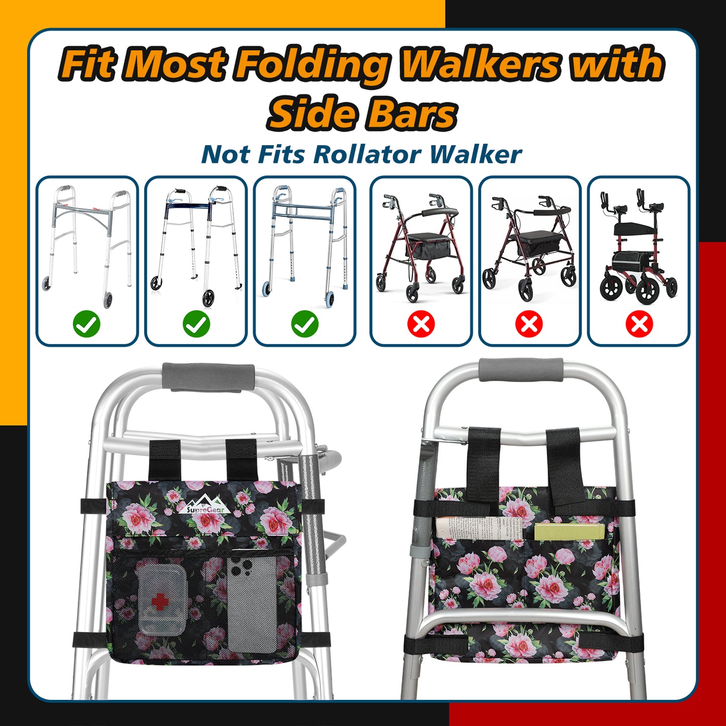 Water-Resistant Walker Side Bag, Basket Pouch