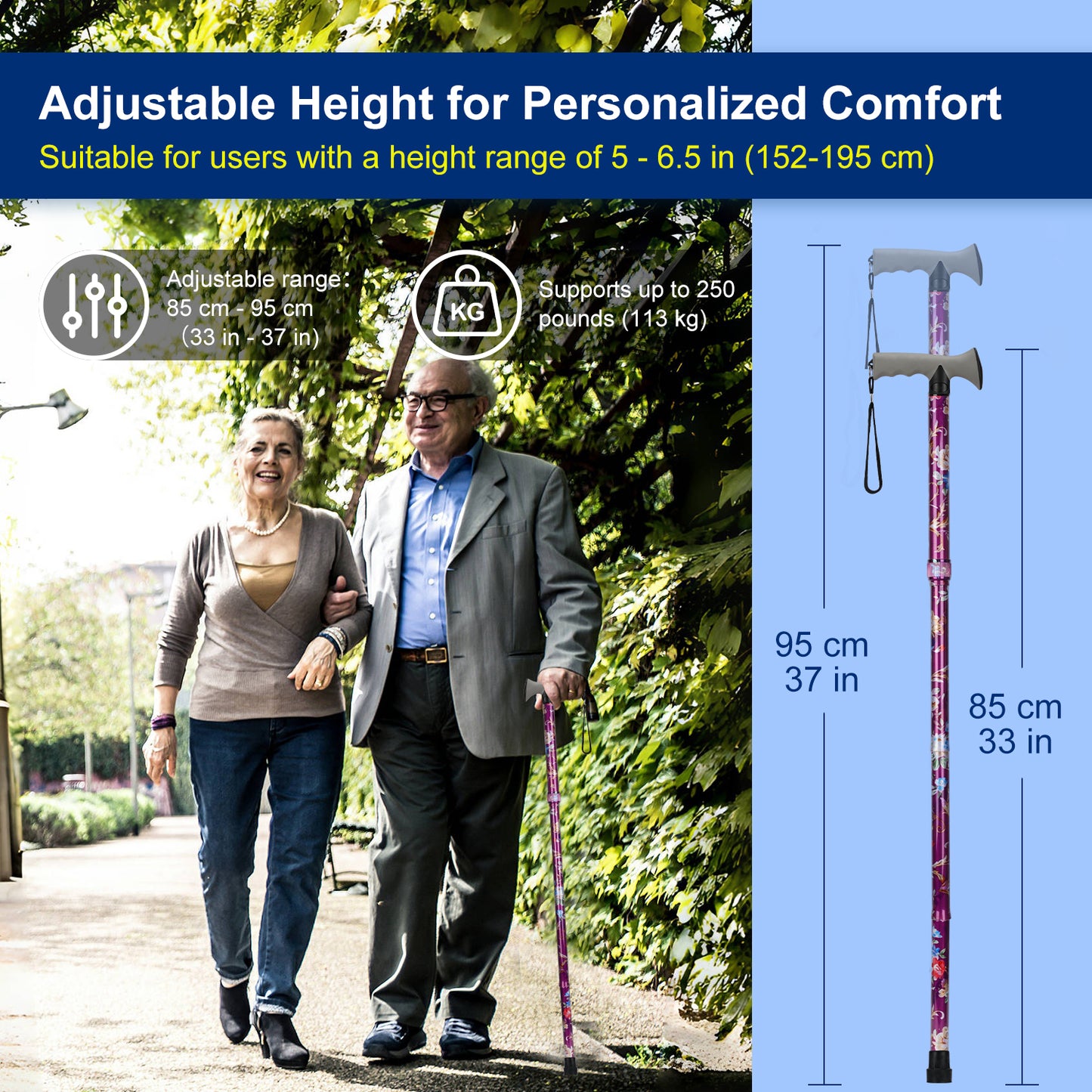 Folding Walking Cane, Adjustable Height, Lightweight Floral Cane
