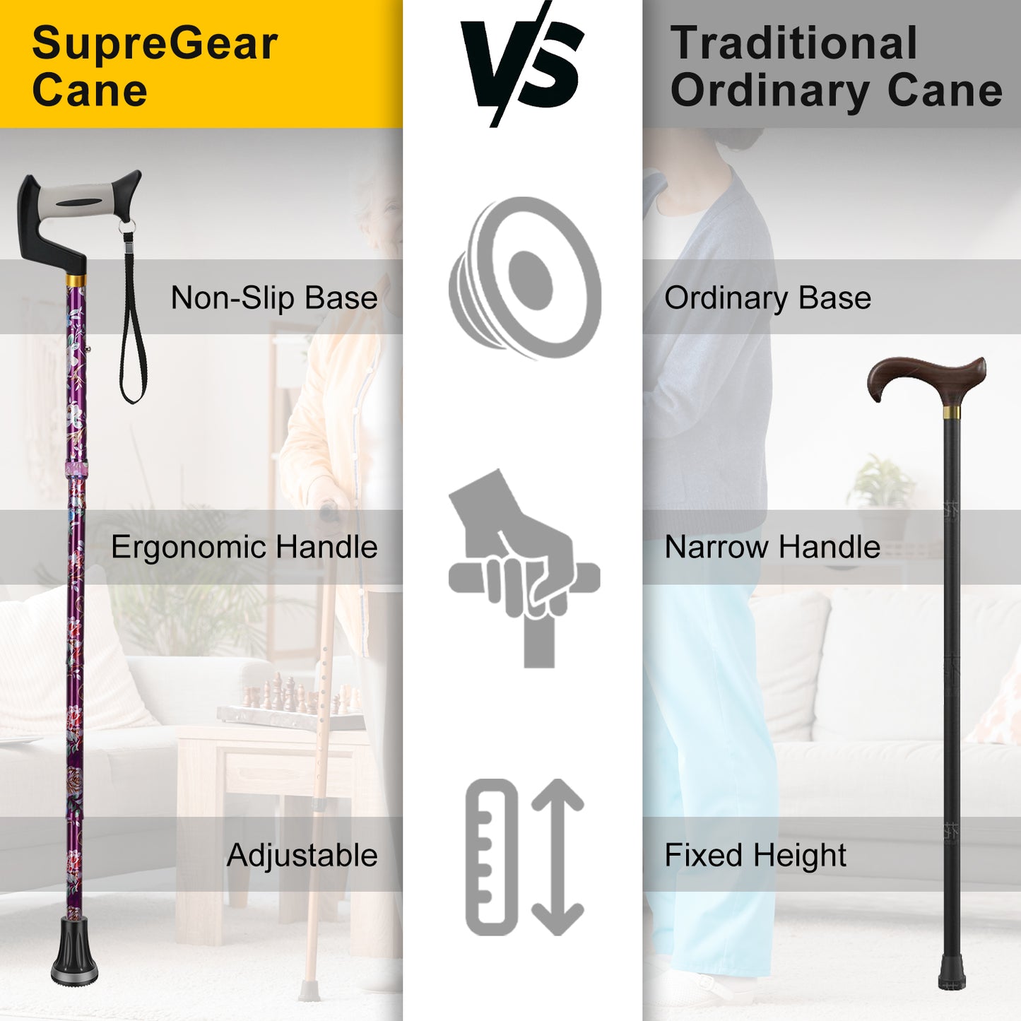 Foldable Adjustable Walking Cane with Offset Ergonomic Handle & All-Terrain Tip