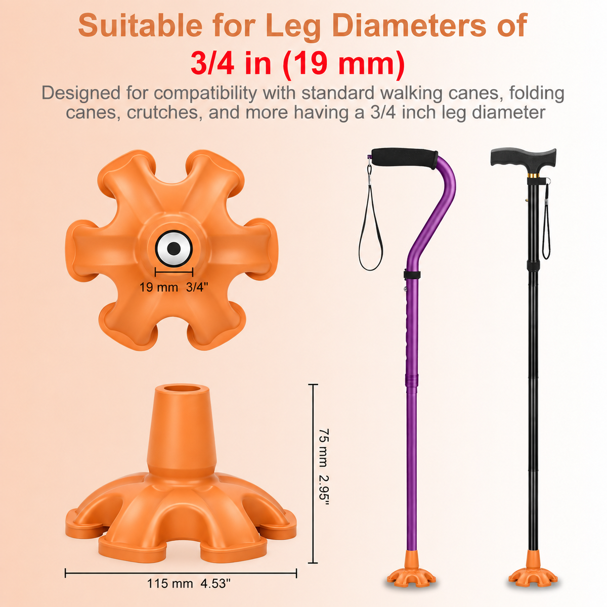 Self Standing Cane Tip 3/4 Inch 6-Prong Anti-Slip Rubber Replacement