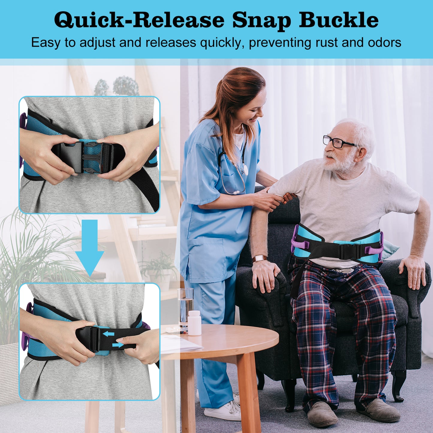 Gait Belt Transfer Aid, 7 Handles, Quick-Release Buckle
