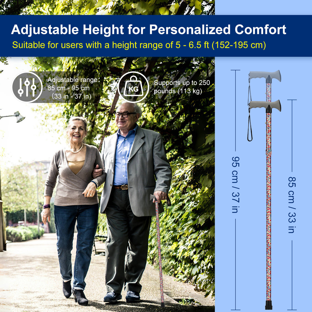Folding Walking Cane, Adjustable Height, Lightweight Floral Cane