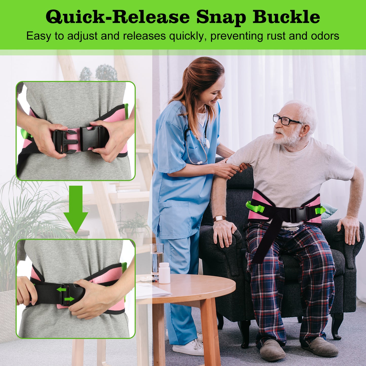 Gait Belt Transfer Aid, 7 Handles, Quick-Release Buckle