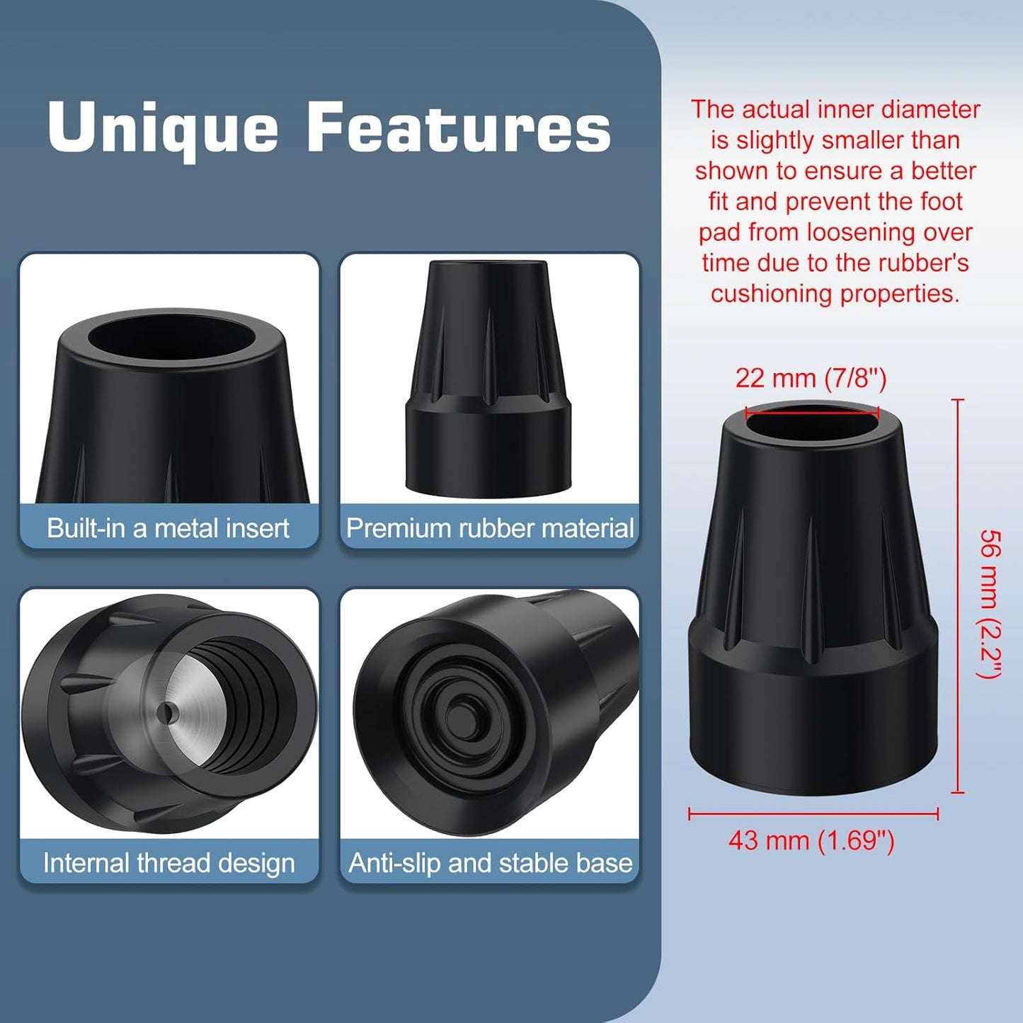 Heavy Duty 7/8" Non-Slip Cane Tips, 4-Pack