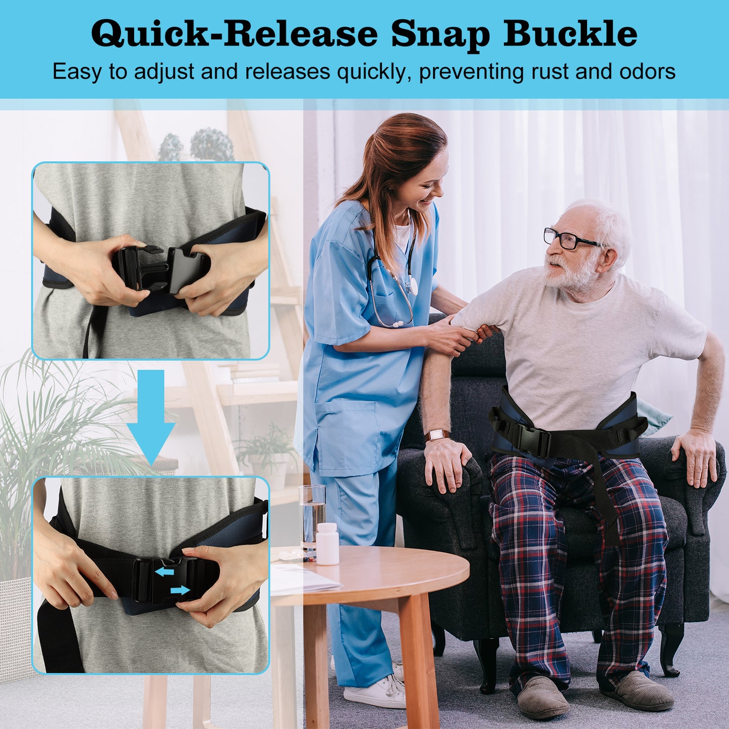 Gait Belt Transfer Aid, 7 Handles, Quick-Release Buckle