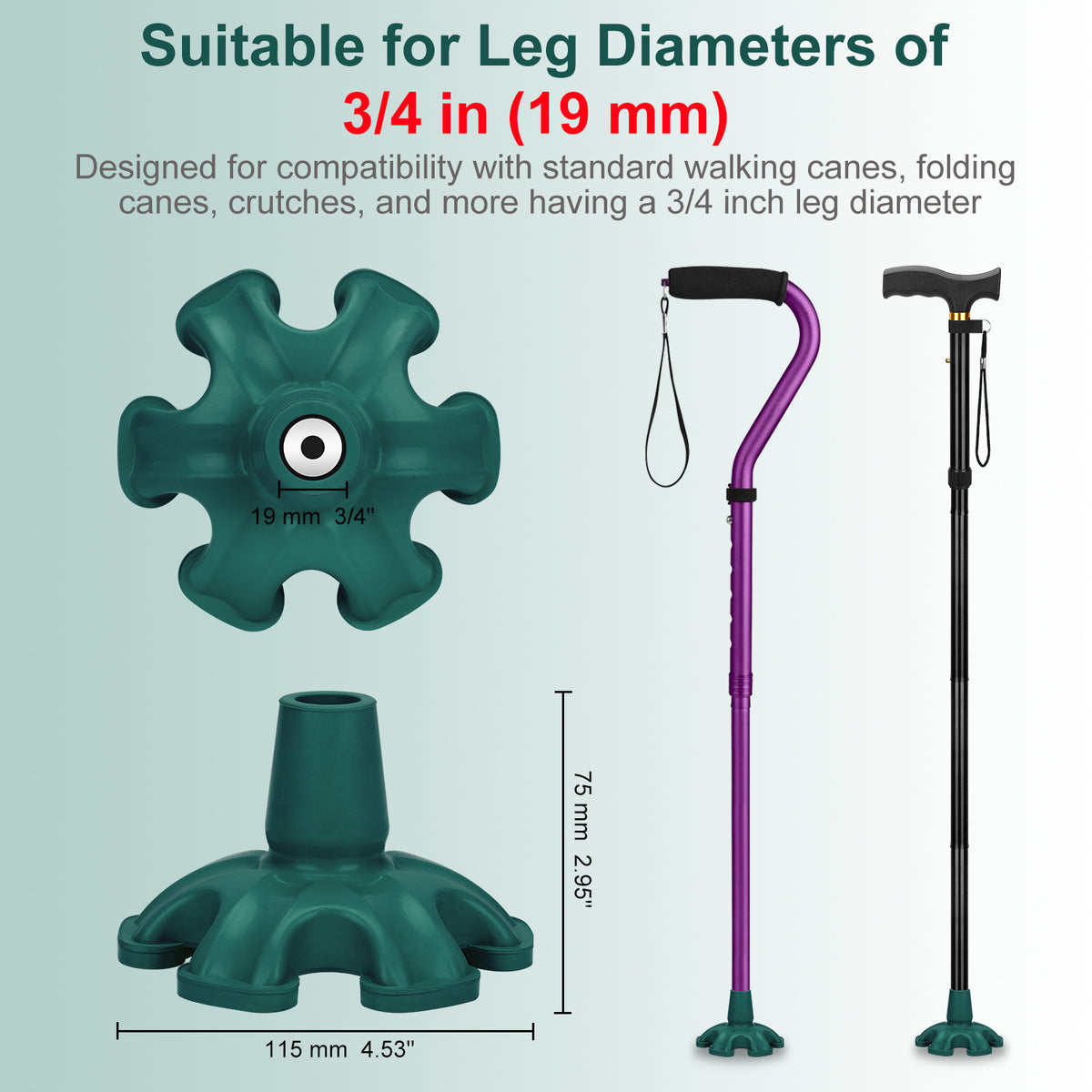 Self Standing Cane Tip 3/4 Inch 6-Prong Anti-Slip Rubber Replacement