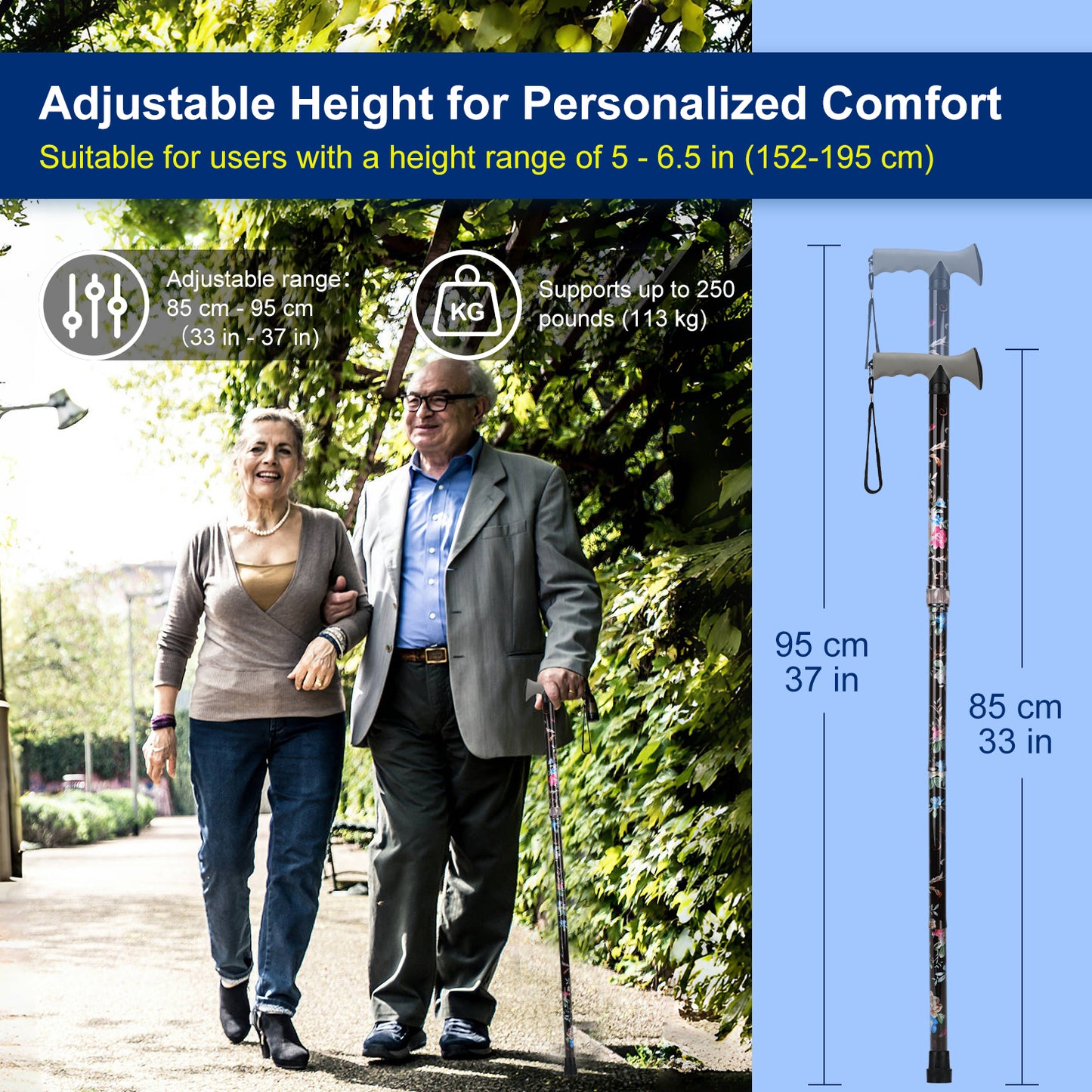 Folding Walking Cane, Adjustable Height, Lightweight Floral Cane