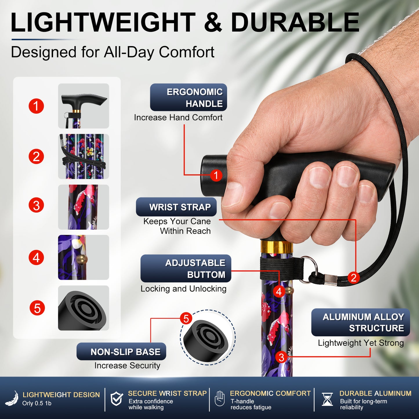 Folding Cane Adjustable Walking Stick Lightweight Travel Cane with T Handle