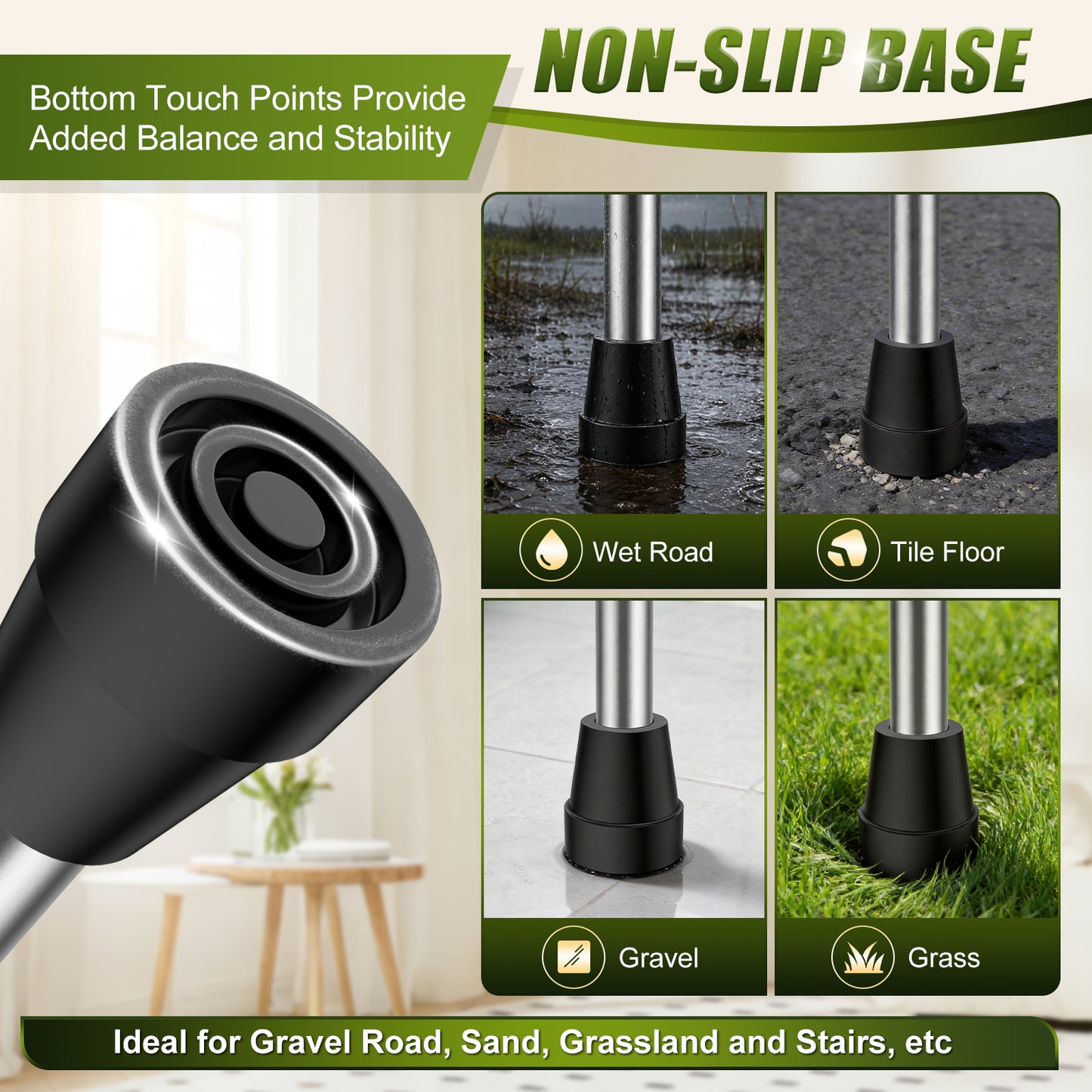 Non-Slip Rubber Cane Tip Replacement, Heavy Duty Walking Cane Foot with Metal Insert for Stability and Support