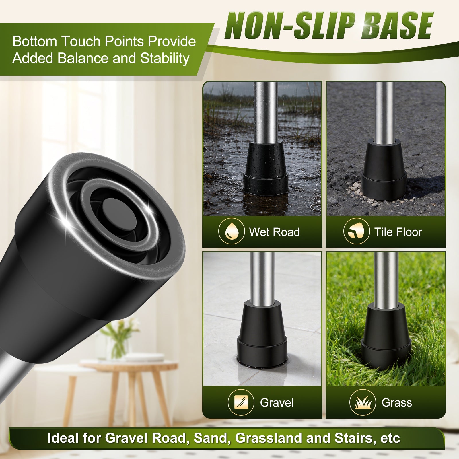 Non-Slip Rubber Cane Tip Replacement, Heavy Duty Walking Cane Foot with Metal Insert for Stability and Support