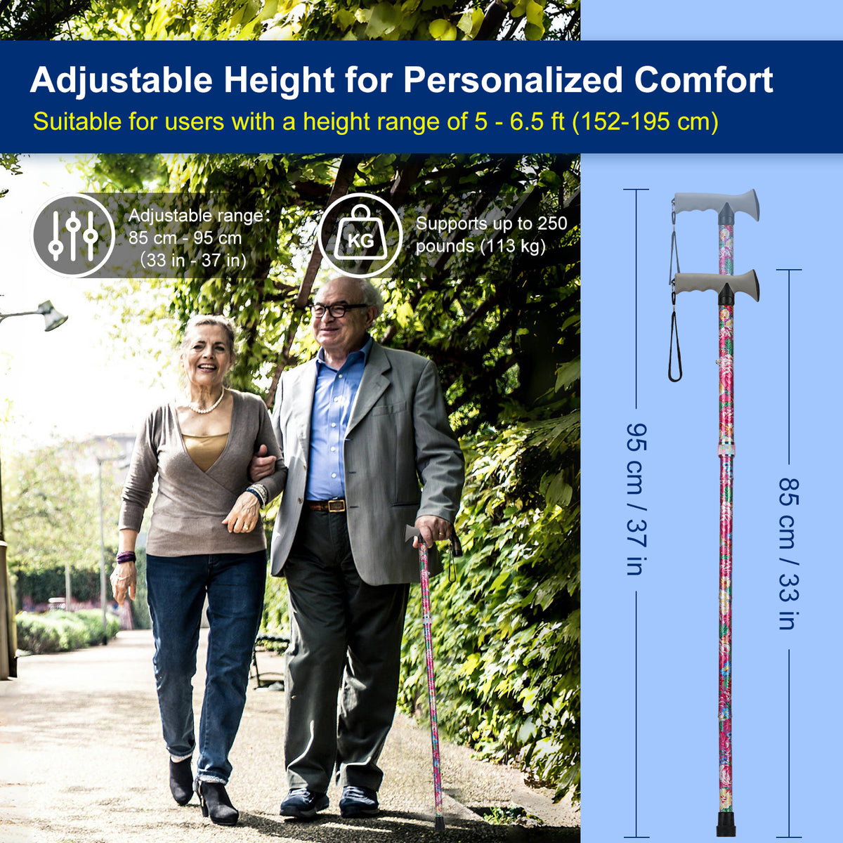 Folding Walking Cane, Adjustable Height, Lightweight Floral Cane