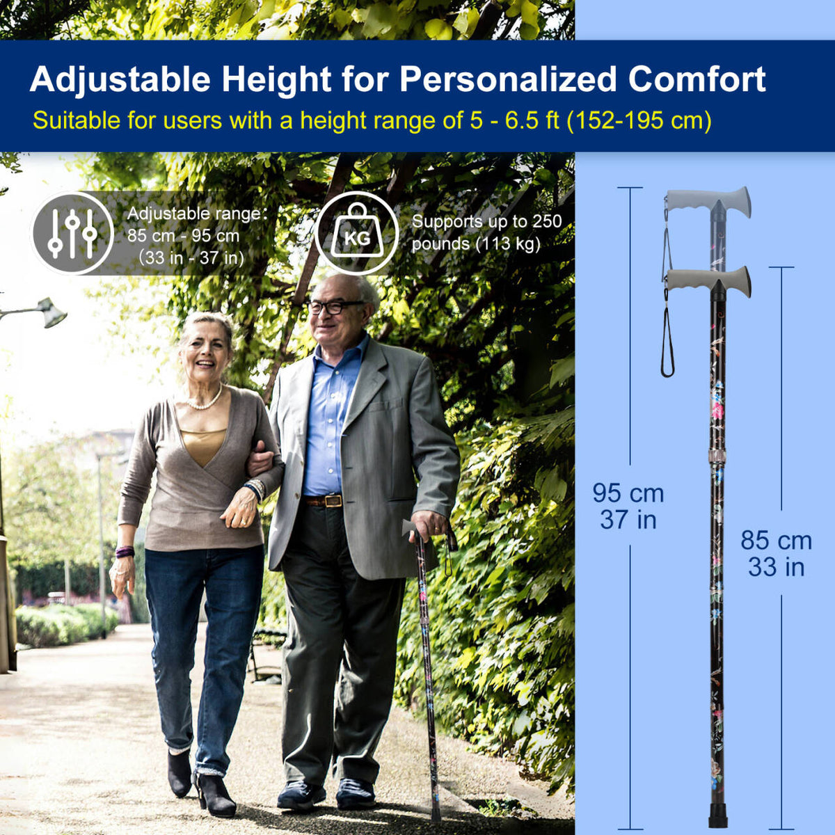 Folding Walking Cane, Adjustable Height, Lightweight Floral Cane