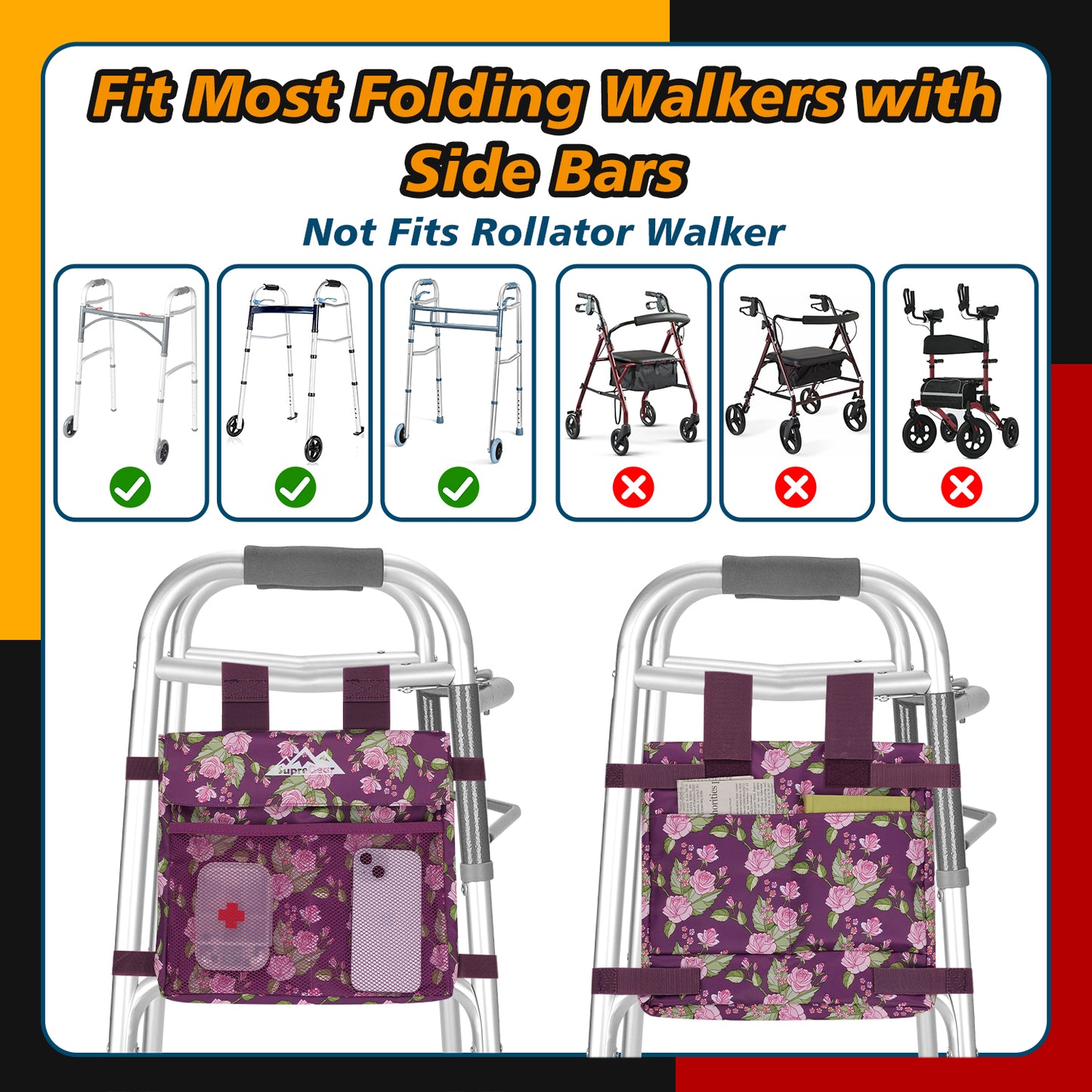 Water-Resistant Walker Side Bag, Basket Pouch