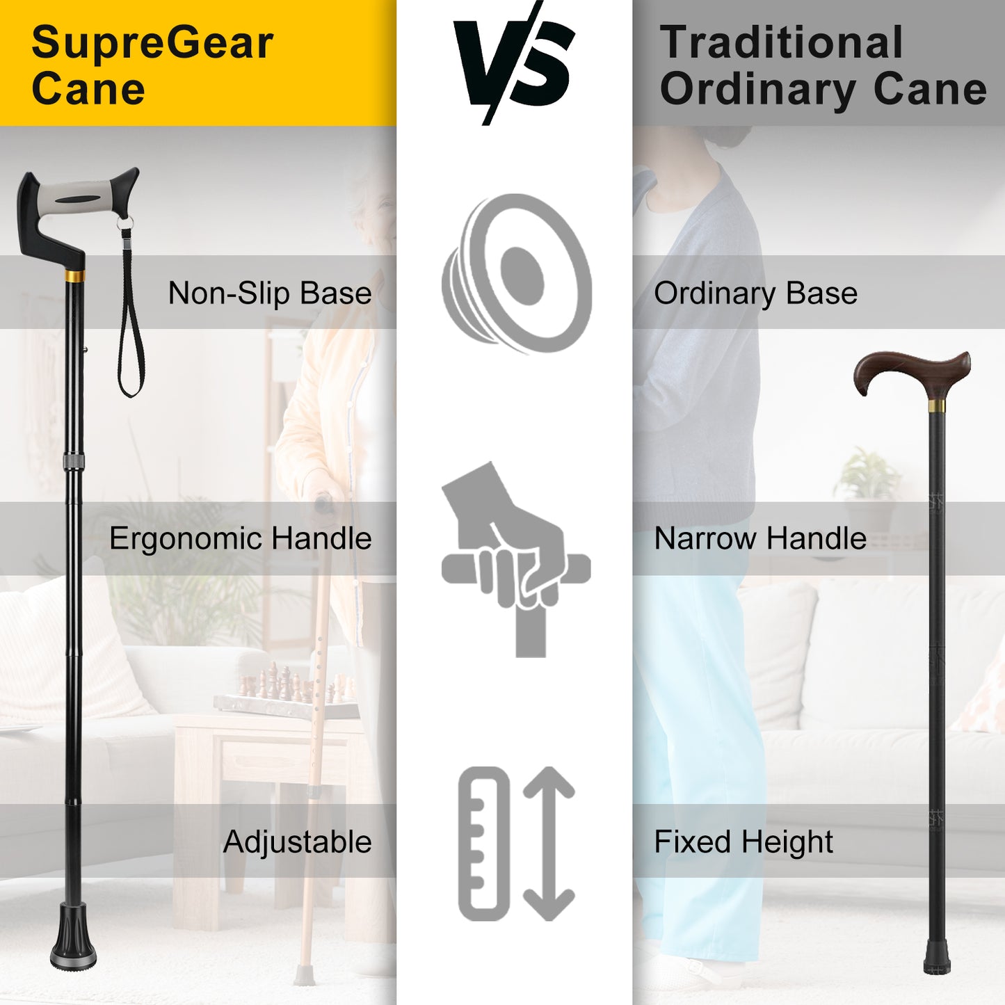Foldable Adjustable Walking Cane with Offset Ergonomic Handle & All-Terrain Tip
