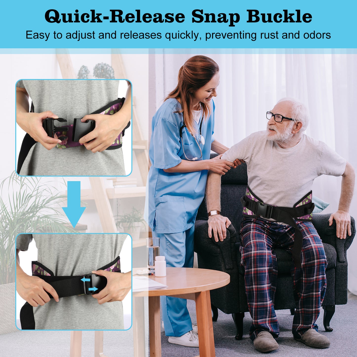 Gait Belt Transfer Aid, 7 Handles, Quick-Release Buckle