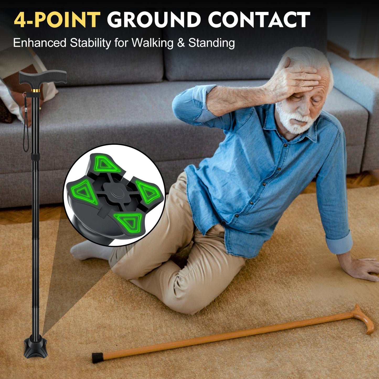 Quad Cane Tips 2 Pack – Non-Slip 4-Prong Rubber Replacement Feet with Reinforced Metal Insert for Walking Canes